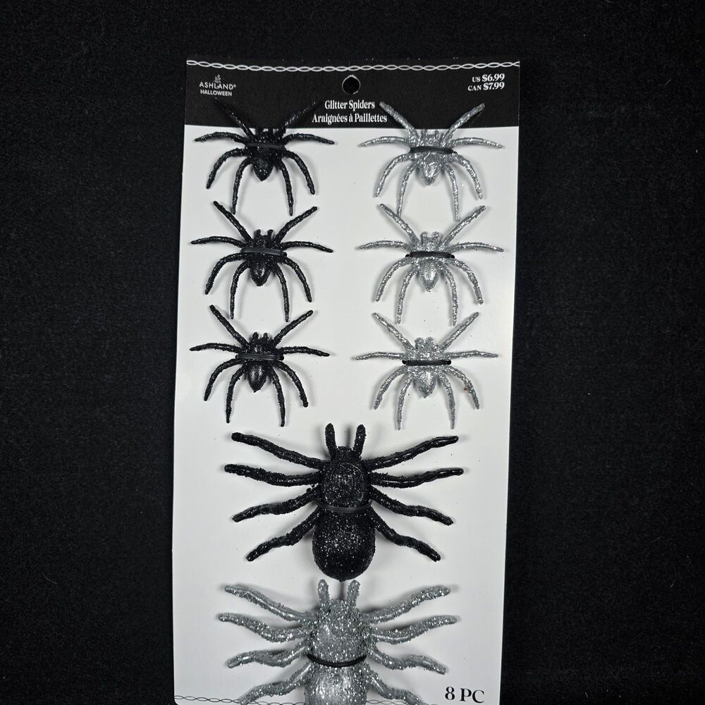 Ashland Halloween Glitter Spiders Holiday Decoration Craft Black Silver 8 Pieces